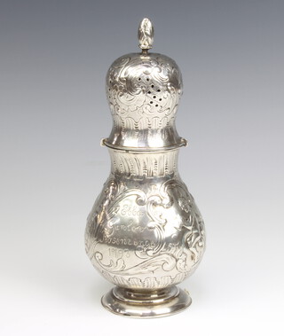 A 19th Century Danish repousse silver shaker decorated with angels with inscription, 225 grams, 20cm 