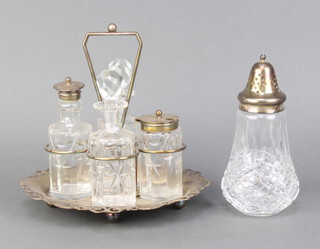 A silver plated 4 bottle cruet and a ditto sugar shaker 