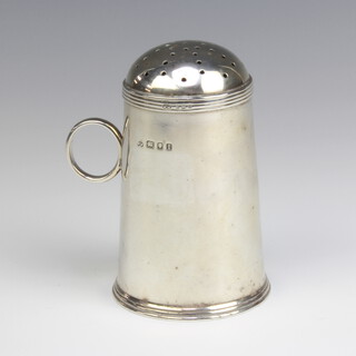 A stylish silver tapered sugar shaker with ring handle, London 1926, maker Wakely and Wheeler, 11cm, 152 grams