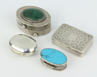 An Edwardian engraved silver pill box Birmingham 1905 and three other boxes
