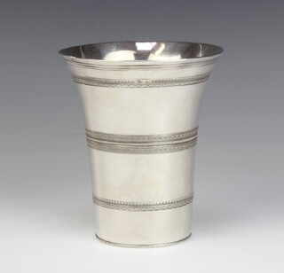 A Portuguese tapered silver beaker with geometric engraved decoration 15cm, 400 grams 