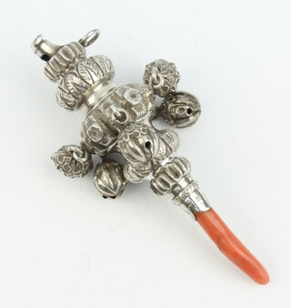 A Victorian cast silver whistle rattle with coral teether, London 1886, 10cm 