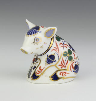 A Royal Crown Derby Imari pattern paperweight of a piglet, gold stopper 6cm 