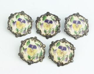 A set of 5 Sterling silver and enamelled buttons decorated with pansies 