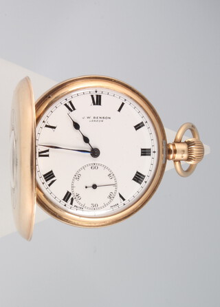 A gentleman's 9ct yellow gold enamelled half hunter pocket watch with seconds at 6 o'clock, the dial inscribed J W Benson, contained in a 48mm case, gross weight 96 grams, Birmingham 1929 
