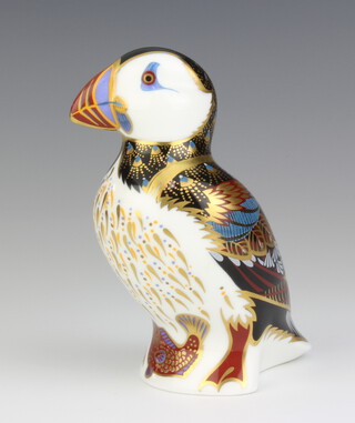 A Royal Crown Derby Imari pattern paperweight of a puffin with silver stopper 12cm 
