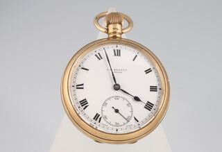 A gentleman's 9ct yellow gold cased mechanical pocket watch with seconds at 6 o'clock, the dial inscribed J W Benson, contained in a 48mm case, London 1931, 88 grams gross 
