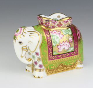 A Royal Crown Derby Imari pattern paperweight of a mother Indian elephant with silver stopper 11cm 