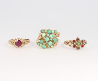 A yellow gold turquoise 5 section ring size M 1/2 and 2 other gem set rings size M 1/2 