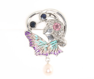 A silver Art Nouveau style sapphire and pearl pendant 
