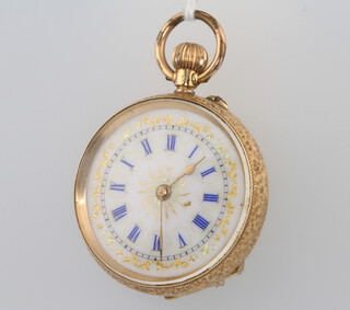 A lady's 14ct yellow gold fob watch with enamelled dial 