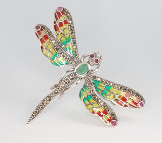 A silver emerald, marcasite and ruby set dragonfly brooch 