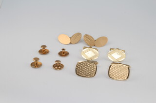 Three pairs of 9ct yellow gold cufflinks and 4 gold studs, 18 grams 