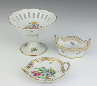 A Dresden 2 handled basket with floral decoration 9cm, ditto leaf dish 10cm and a tazza 11cm 