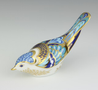 A Royal Crown Derby Imari pattern paperweight of a mountain bluebird with gold stopper 5cm 