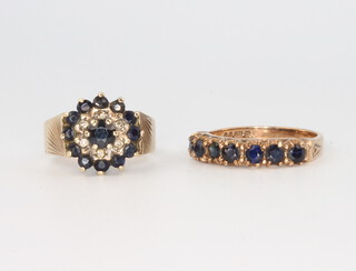 Two 9ct yellow gold sapphire and diamond cluster rings, size K and M, 6.2 grams