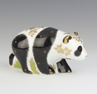 A Royal Crown Derby Imari pattern paperweight of a baby panda walking with silver stopper 6cm 