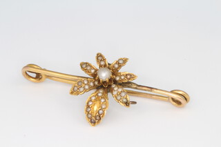 A 9ct yellow gold pearl set floral bar brooch, 3.4 grams