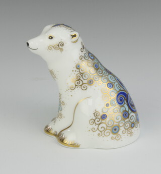 A Royal Crown Derby Imari pattern paperweight of a polar bear cub sitting, gold stopper 7cm 