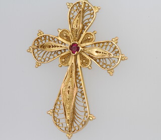 A 14ct yellow gold gem set filigree cross pendant, 55mm, 6.3 grams