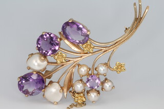 A 9ct yellow gold amethyst, baroque and cultured pearl spray floral brooch 65mm