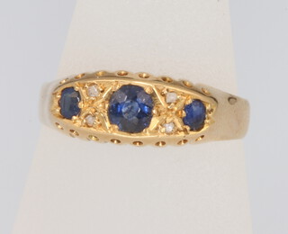 A Victorian 18ct yellow gold sapphire and diamond ring size P 1/2, 3 grams
