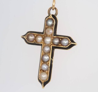 A 19th Century gold enamelled and seed pearl in memorium cross pendant 2.5 grams 
