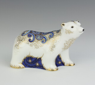 A Royal Crown Derby Imari pattern paperweight of a polar bear cub standing, gold stopper 8cm 