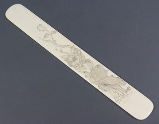 A Meiji period ivory paper knife decorated with exotic birds and flowers 32cm 