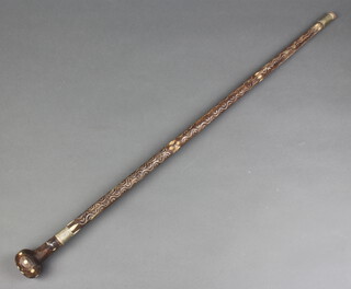 An Indian wire and bone inlaid walking cane (some inlay missing) 
