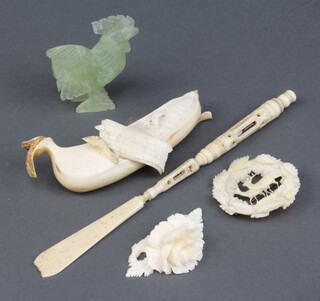 A Meiji period carved ivory banana 13cm and minor carved items including a Stanhope 