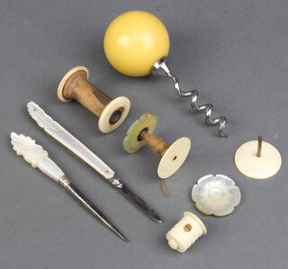 A Victorian mother of pearl fruit knife and minor items 