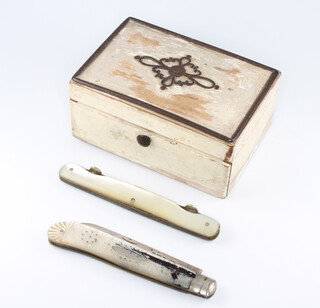 A silver and mother of pearl fruit knife, a pocket knife and a 19th Century sewing box with mirrored interior 