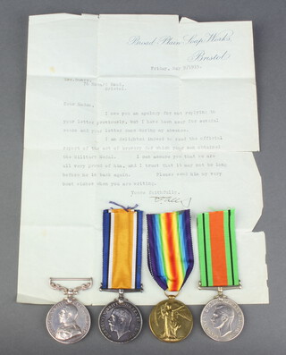A First World War medal group to 80664 GNR.H.F.Bunce D.230/N.Mid.Bde.R.F.A comprising Military medal, War medal, Victory medal and Defence medal, together with a letter acknowledging receipt of The Military medal from his employers  