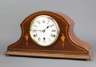 A timepiece with enamelled dial, Roman numerals, contained in a arch shaped inlaid mahogany case with quartz movement 