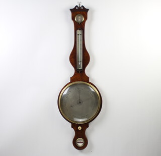 E West of London, a Georgian mercury wheel barometer and thermometer with damp/dry indicator, silvered dial and spirit level 