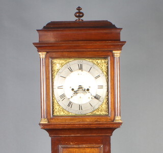 An 18th Century 30 hour striking longcase clock, the 31cm dial with gilt spandrels, silvered chapter ring and calendar aperture and marked Joseph Bean of Croft, contained in an oak case 190cm h, complete with weight and pendulum 