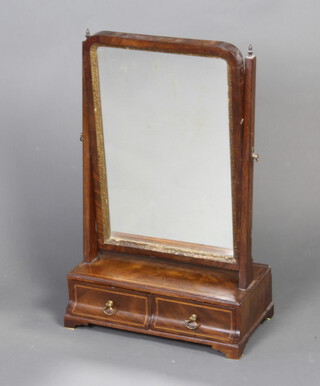 A Queen Anne style arched plate dressing table mirror contained in a mahogany swing frame, the base fitted 2 drawers with satinwood stringing, raised on bracket feet 65cm h x 40cm w x 21cm d 
