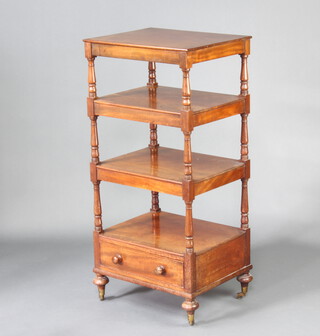 A Victorian rectangular mahogany 4 tier what-not, the base fitted a drawer, raised on turned and block supports with bun feet 105cm h x 49cm w x 39cm d  
