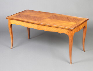 A rectangular French inlaid quarter veneered Kingwood coffee table raised on cabriole supports 47cm h x 101cm l x 49cm w 