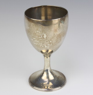 An engraved silver goblet shaped trophy cup, London 1910, 366 grams, engraved, marks rubbed 