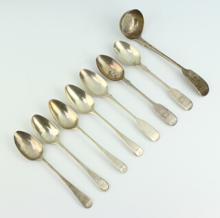 Four Georgian Old English pattern silver teaspoons, ditto fiddle pattern teaspoon and 2 Victorian, together with a Victorian fiddle pattern sauce ladle, 165 grams