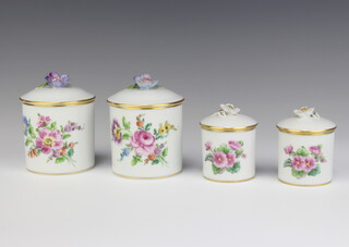 Five Dresden lidded jars decorated with flowers 6.5cm and 9cm 