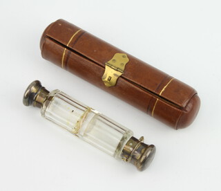 A Victorian silver plated mounted double ended scent bottle contained in a fitted leather case 