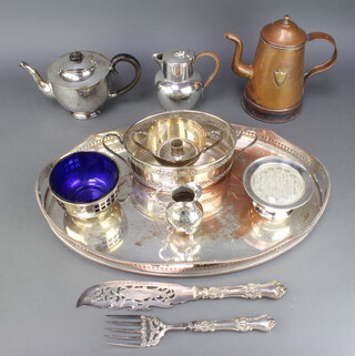 A silver plated oval galleried tray and minor plated wares 