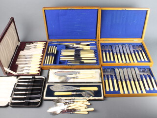 A cased set of silver plated fish eaters for 12, 4 other plated cased sets and minor cutlery  