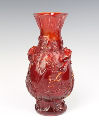A Chinese amber resin club shaped vase decorated animals base with seal mark 24cm 