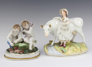 A 19th Century Continental classical figure group of 2 children warming themselves by a fire, raised on an oval base 15cm together with a 19th Century Staffordshire figure group of a standing milkmaid and cow 20cm 