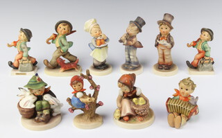 Ten various Goebel figures - Baker, Strolling Along, Merry Wanderers (x2, 1 with broken umbrella), Apple Tree Girl and 5 unnamed (2 a/f)