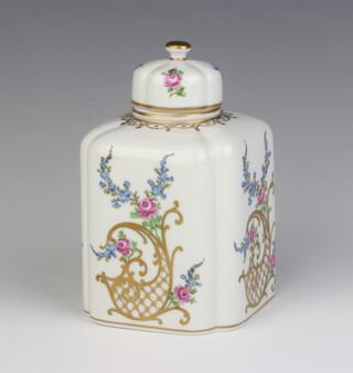 A modern Dresden tea caddy and cover decorated with spring flowers 13cm 